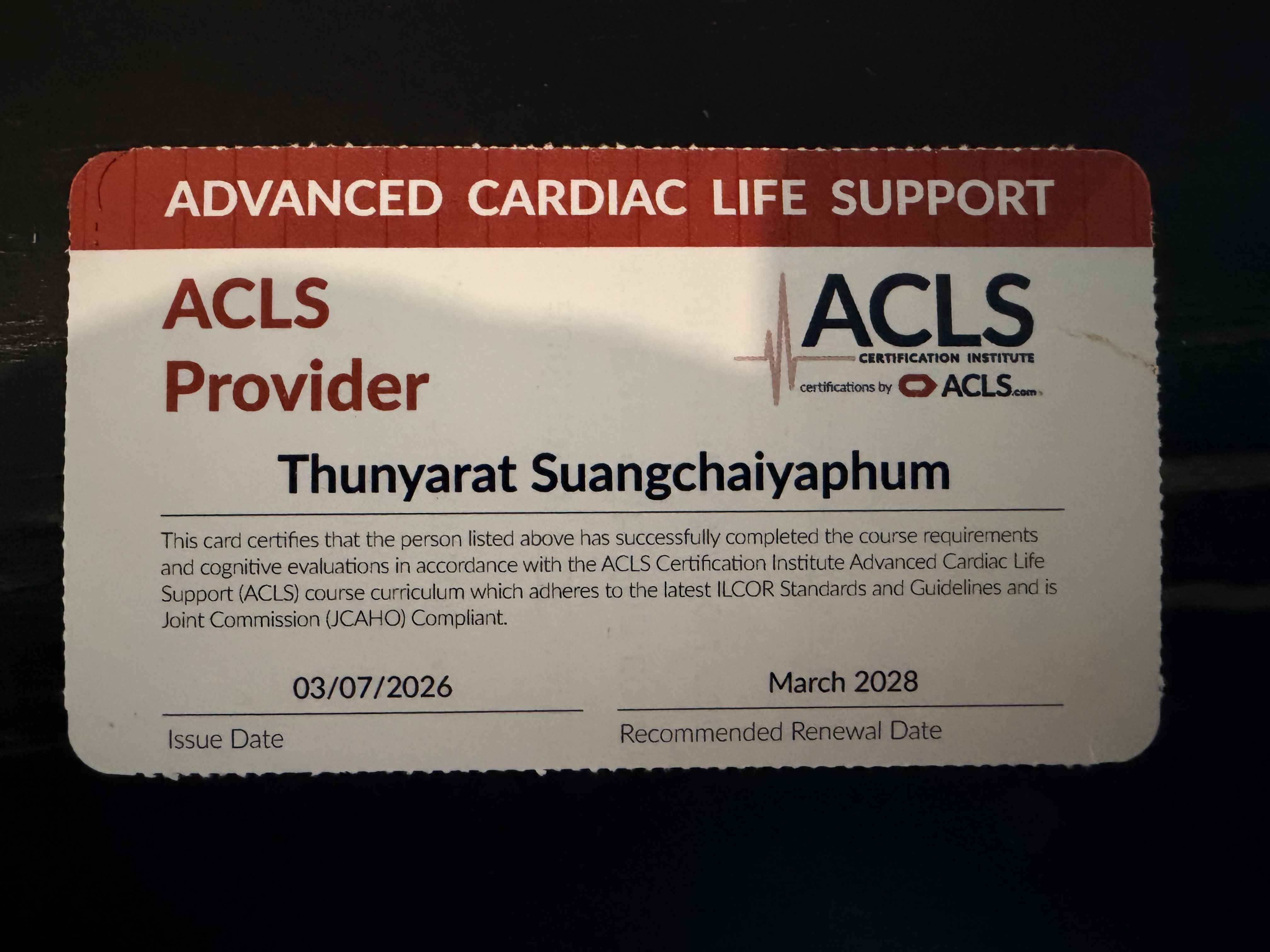 ACLS Provider card front