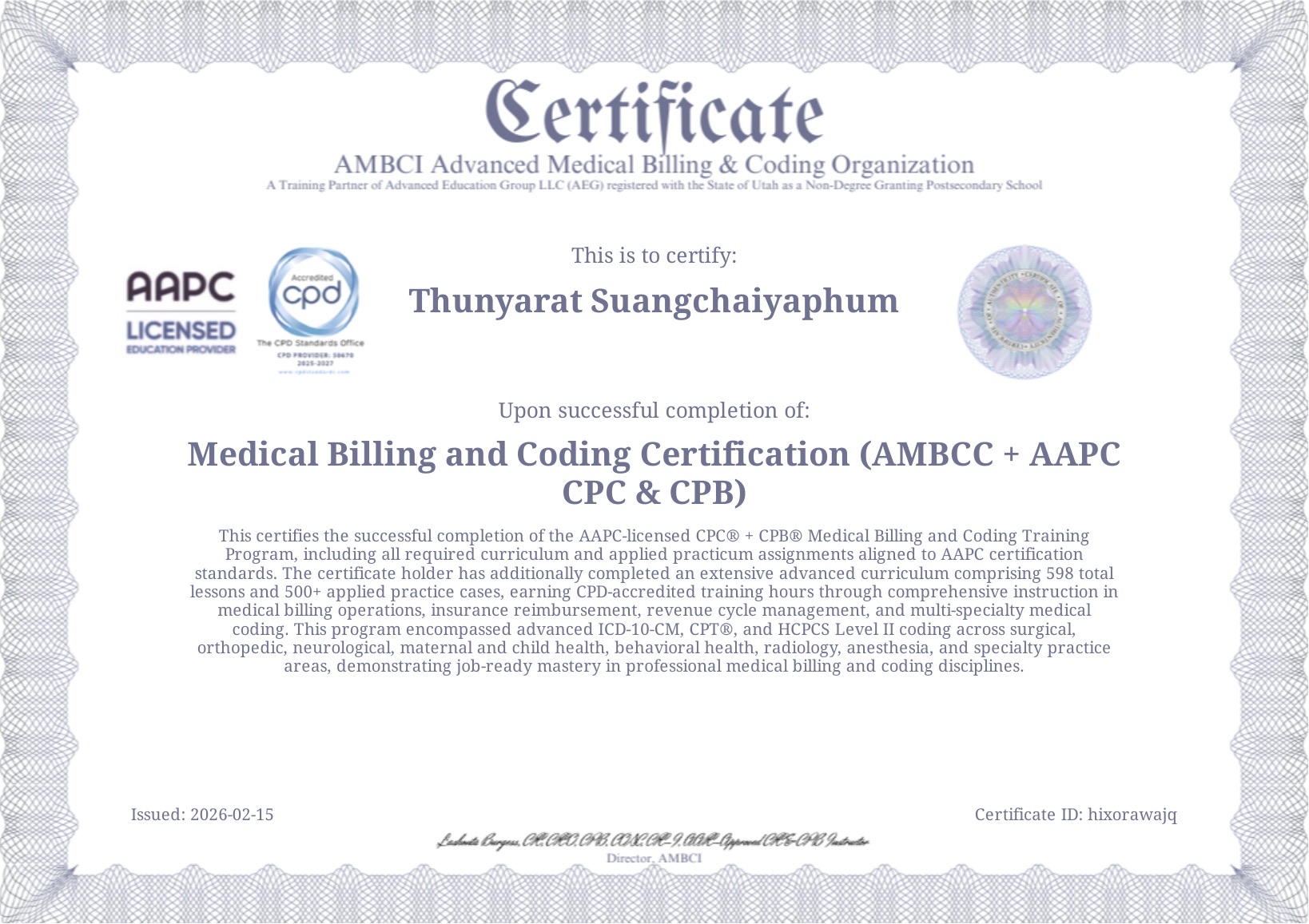 Medical Billing and Coding Certification diploma for Thunyarat Suangchaiyaphum