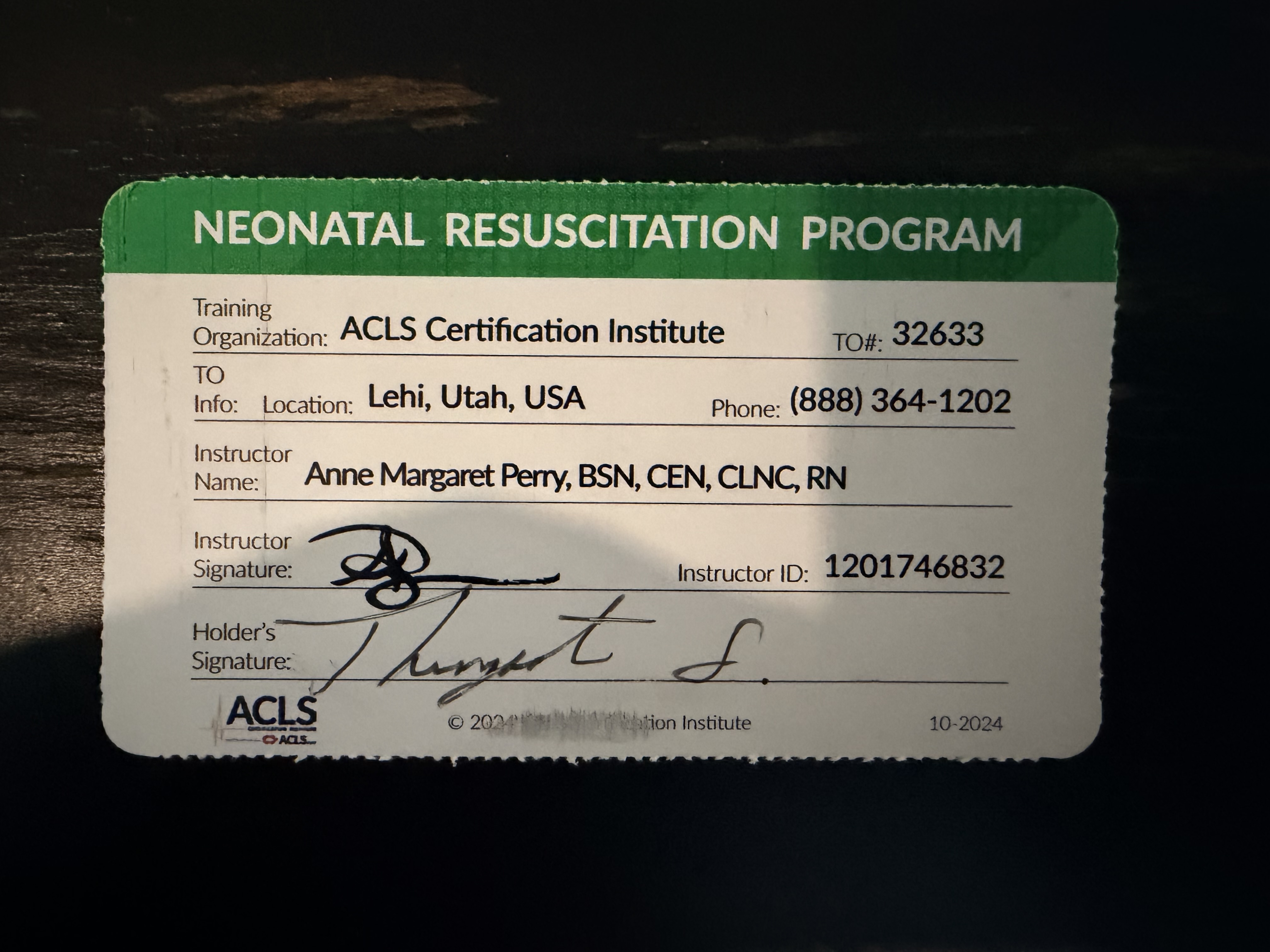 Neonatal Resuscitation Provider card back