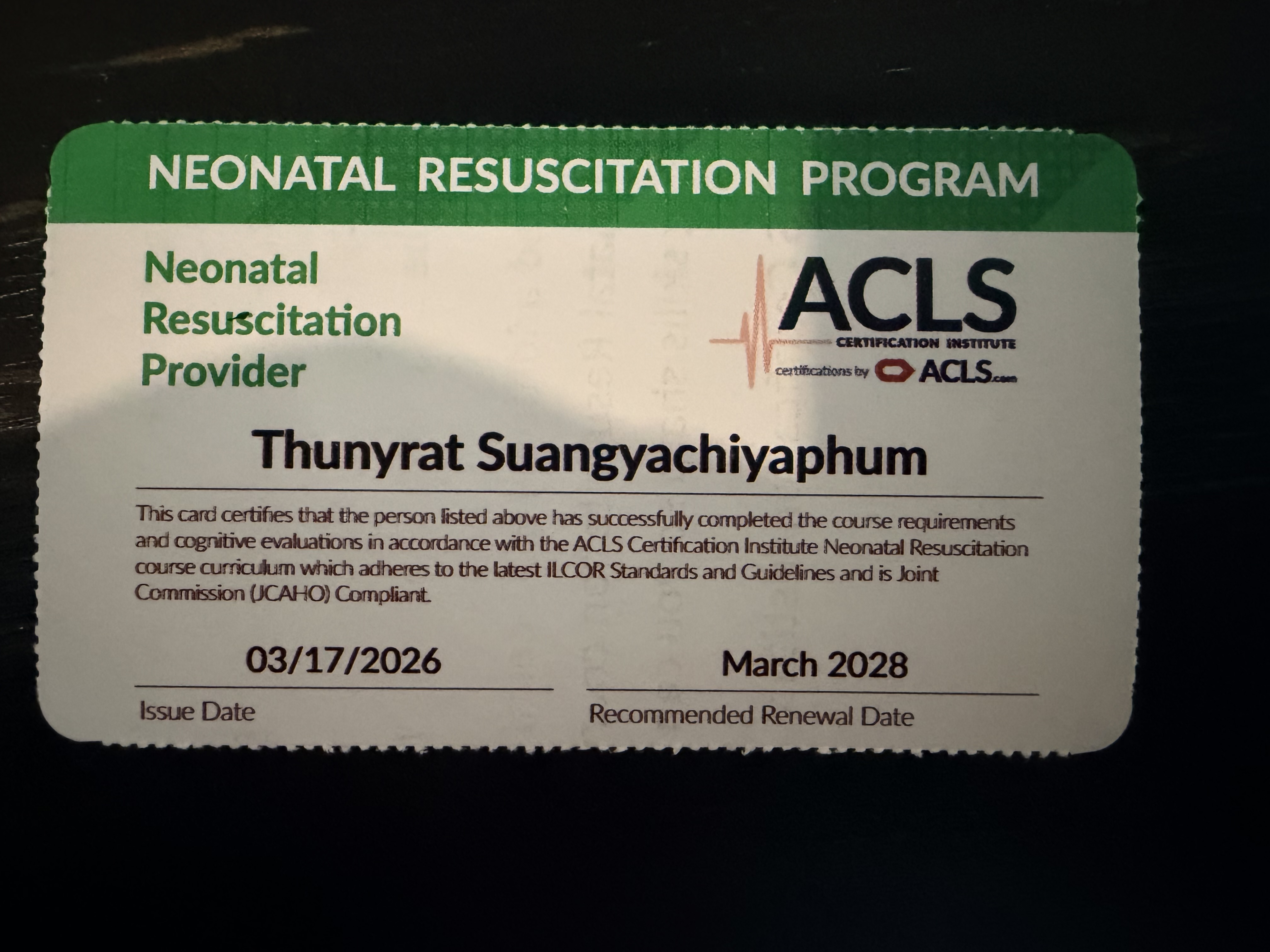 Neonatal Resuscitation Provider card front